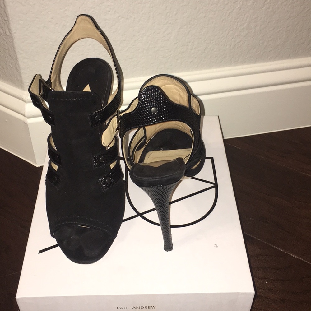 Paul Andrew Black Suede/Embossed Lizard sandals